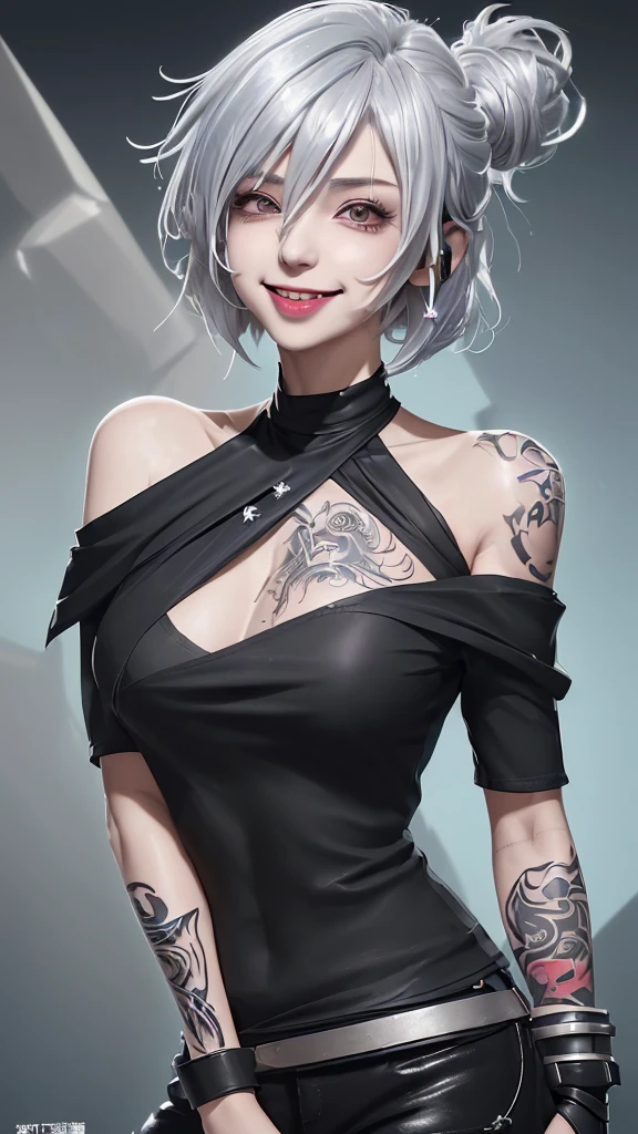 One person, chest, solo, Long Tongue, Crazy smile, It's crazy, Shortcuts, Ahoge, Silver Hair, 8k octane, Anime Style, off-the-shoulder black shirt、Tattoo on the neck、Tattoo on the arm、earphone, Glamorous figure, tongue out, 