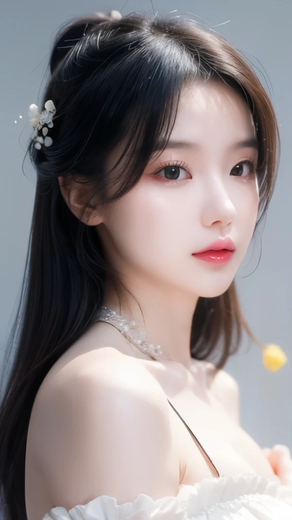gufeng,Bare shoulders, ((Bare shoulders)), ((Shot in the knee)), ((Standing and walking)), ((Elegant and charming gesture)), ((Close-up shot)), Photo of woman with flowers in hair, Portrait of Du Qiong, CG Trends, Reality, Beautiful Chinese model, Traditional Beauty, Chinese Girl, cgstation Trends, Hot topics on cgstation, Chinese, palace ， Cute and delicate face, beautiful girl, A beautiful young womatomically correct