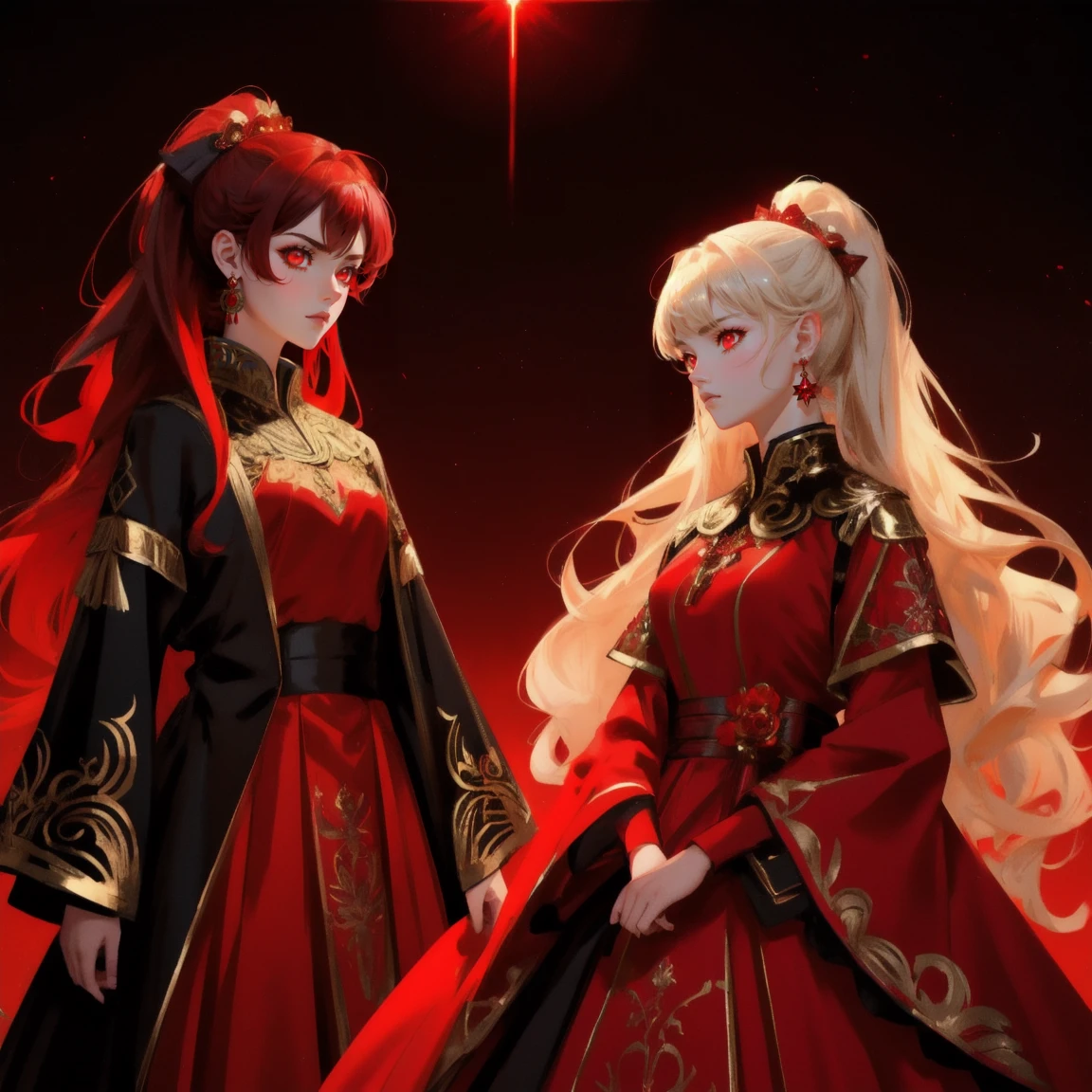 An intense, anime-style scene featuring multiple characters with red laser eyes, dressed in elaborate outfits with red and gold accents. Replace the characters with multiple beautiful, cute girls in similar outfits and laser eyes, maintaining the intricate background and overall dramatic theme.