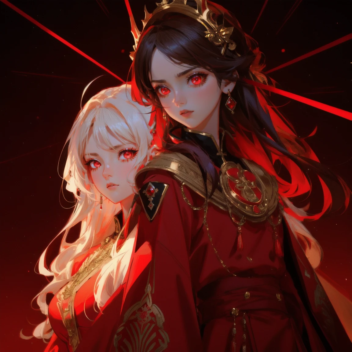 An intense, anime-style scene featuring multiple characters with red laser eyes, dressed in elaborate outfits with red and gold accents. Replace the characters with multiple beautiful, cute girls in similar outfits and laser eyes, maintaining the intricate background and overall dramatic theme.