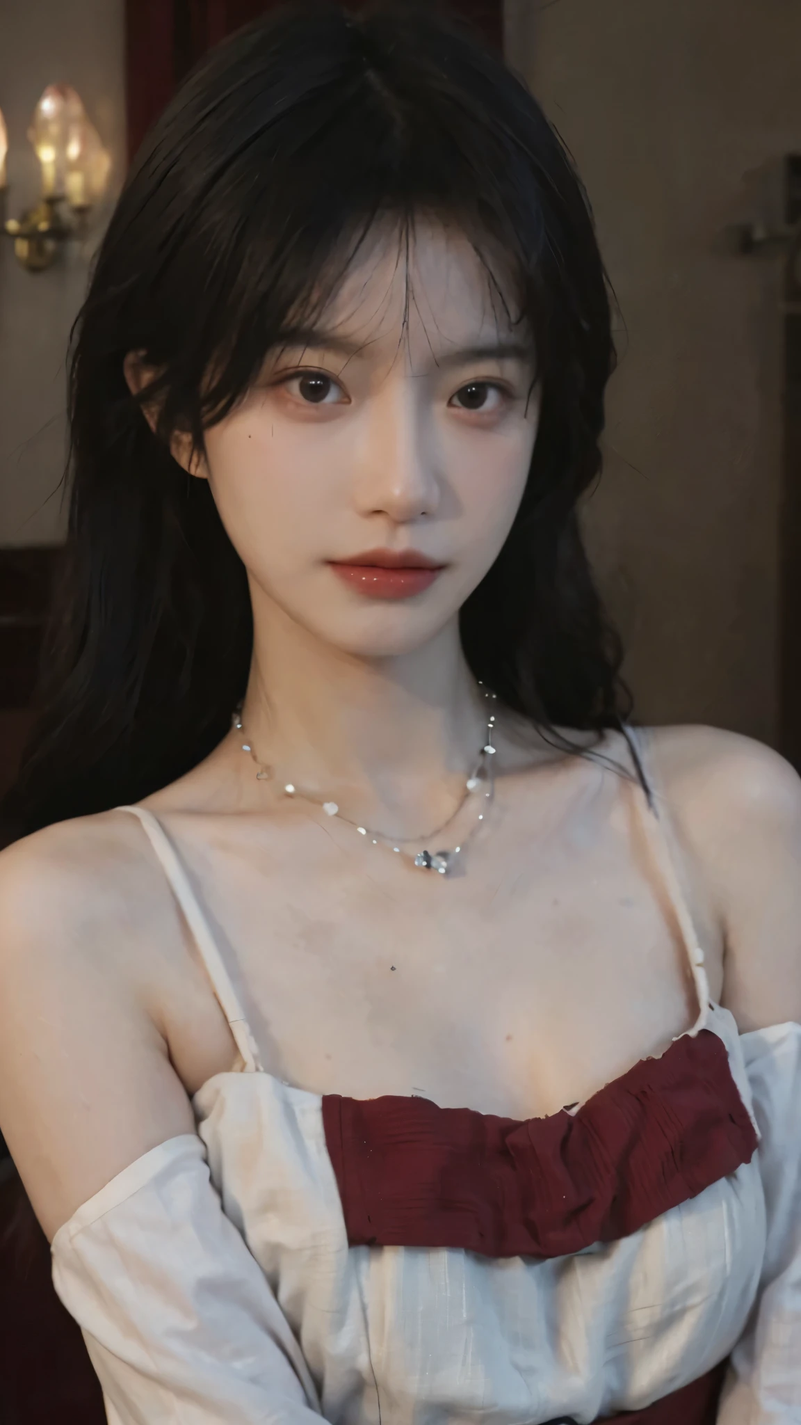 Film portrait photography, 2 girls, Bare shoulders,Lipstick，（flat chest：1.4）， Wear a necklace，Cute expression,Exquisite makeup，Red suspenders，serene, calm, (Realistic and detailed eyes, Natural skin texture, Realistic facial details), Big breasts：1.6，Big Breasts，Soft dramatic lighting, Depth of Field, Bokeh, Vibrant details, Detailed and detailed, Surreal, 35mm film, hazy, ,