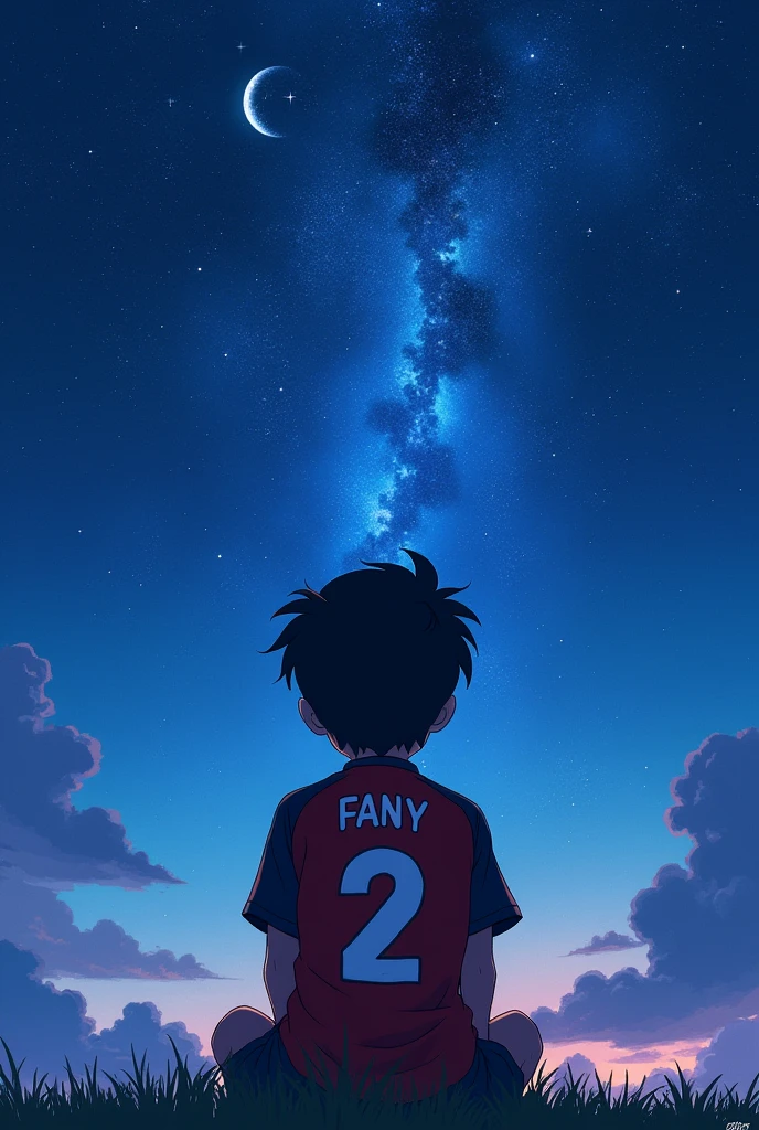 High quality photography, The boy on his back has the name Fany with the number 2 below, Football Shirt The boy has his back turned and is sitting in the night watching the stars Anime drawing,