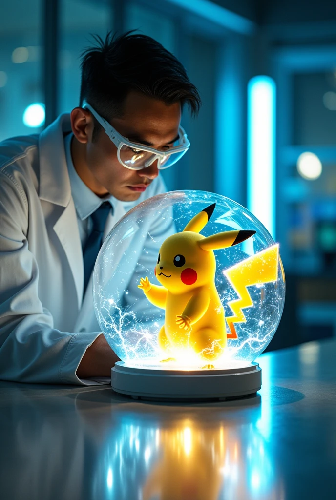 a scientist capturing Pikachu in a transparent glass sphere, Pikachu releasing electric current from its body, the electricity being transferred to a power generator, highly detailed, 8k, photorealistic, intricate details, dramatic lighting, cinematic composition, stunning colors, glowing electricity, glass sphere refracting light, advanced technology, science fiction, epic scale