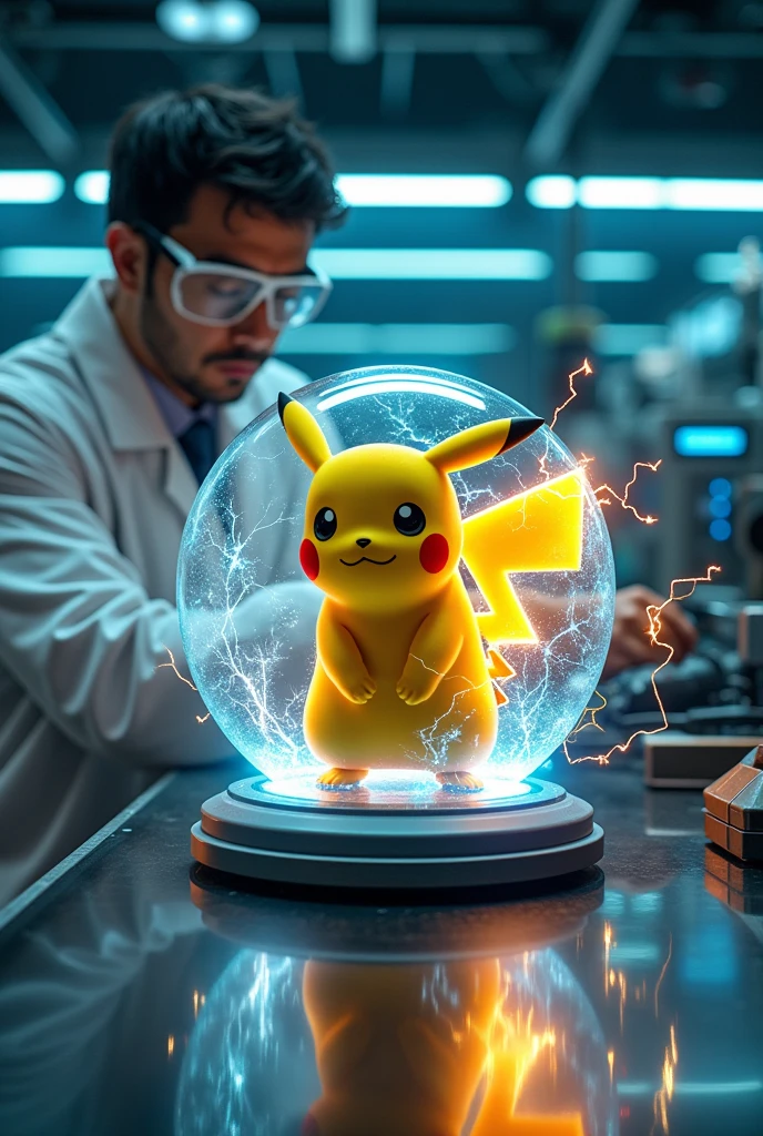 a scientist capturing Pikachu in a transparent glass sphere, Pikachu releasing electric current from its body, the electricity being transferred to a power generator, highly detailed, 8k, photorealistic, intricate details, dramatic lighting, cinematic composition, stunning colors, glowing electricity, glass sphere refracting light, advanced technology, science fiction, epic scale