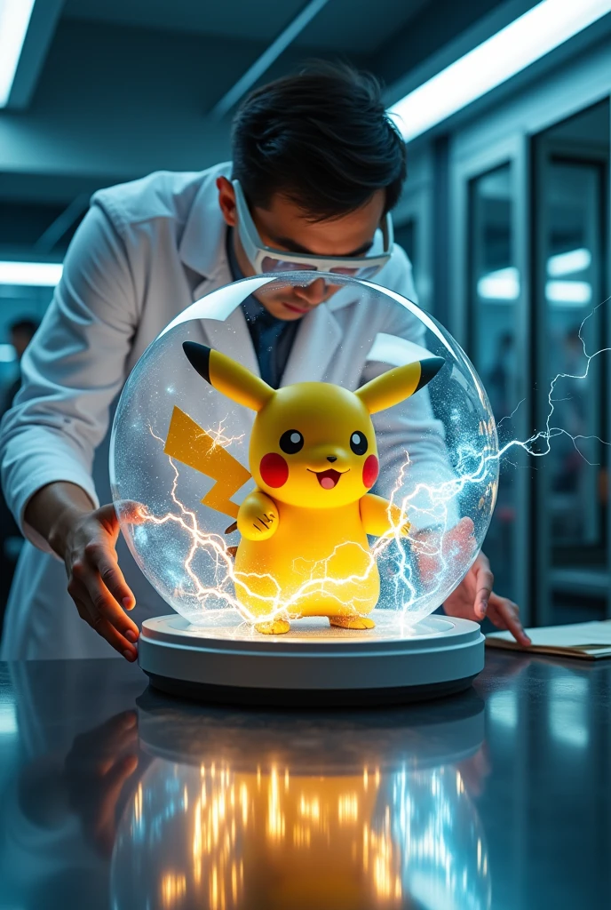 a scientist capturing small Pikachu in a transparent glass sphere, small Pikachu releasing electric current from its body, the electricity being transferred to a power generator, highly detailed, 8k, photorealistic, intricate details, dramatic lighting, cinematic composition, stunning colors, glowing electricity, glass sphere refracting light, advanced technology, science fiction, epic scale