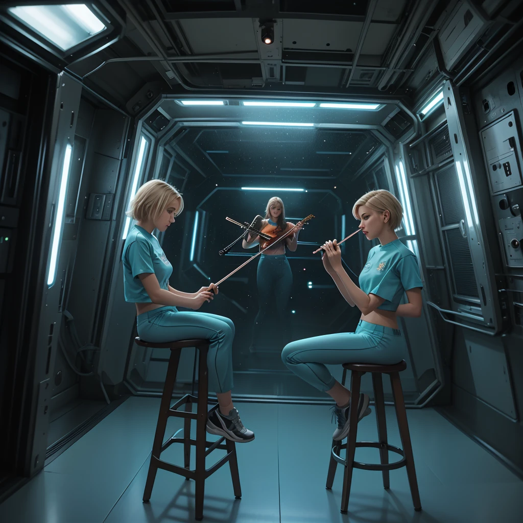((gorgeous realistic short hair blonde female in a realistic futuristic space station)), ((playing the violin)), ((sitting on a stool with display and glowing control surfaces)), she is wearing a teal and grey track suit, (photorealistic), (in light grey and teal T Shirt and slacks), (Style-Glass), (()), hdr, antialiased, 8k, ((syd mead)), sharp details, ((masterpiece)), (painterly), (good anatomy), (good proportions), (good composition), (dramapaint), (style-sylvamagic)