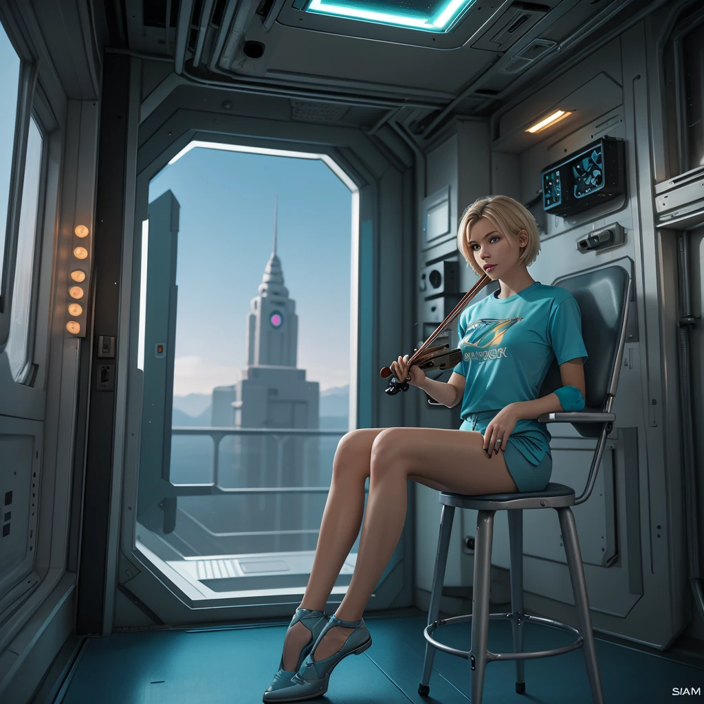 ((gorgeous realistic short hair blonde female in a realistic futuristic space station)), ((playing the violin)), ((sitting on a stool with display and glowing control surfaces)), she is wearing a teal and grey track suit, (photorealistic), (in light grey and teal T Shirt and slacks), (Style-Glass), (()), hdr, antialiased, 8k, ((syd mead)), sharp details, ((masterpiece)), (painterly), (good anatomy), (good proportions), (good composition), (dramapaint), (style-sylvamagic)