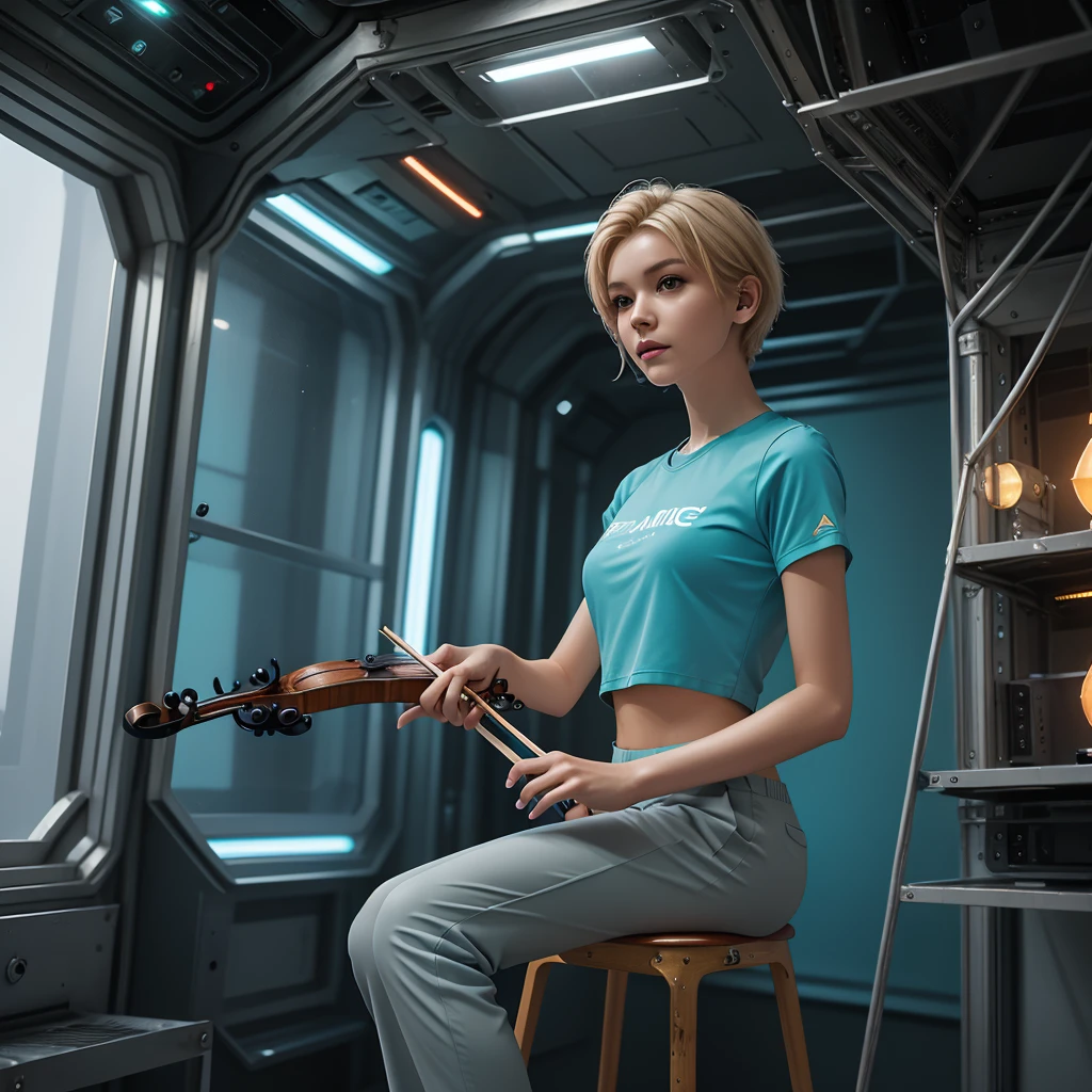 ((gorgeous realistic short hair blonde female in a realistic futuristic space station)), ((playing the violin)), ((sitting on a stool with display and glowing control surfaces)), she is wearing a teal and grey track suit, (photorealistic), (in light grey and teal T Shirt and slacks), (Style-Glass), (()), hdr, antialiased, 8k, ((syd mead)), sharp details, ((masterpiece)), (painterly), (good anatomy), (good proportions), (good composition), (dramapaint), (style-sylvamagic)