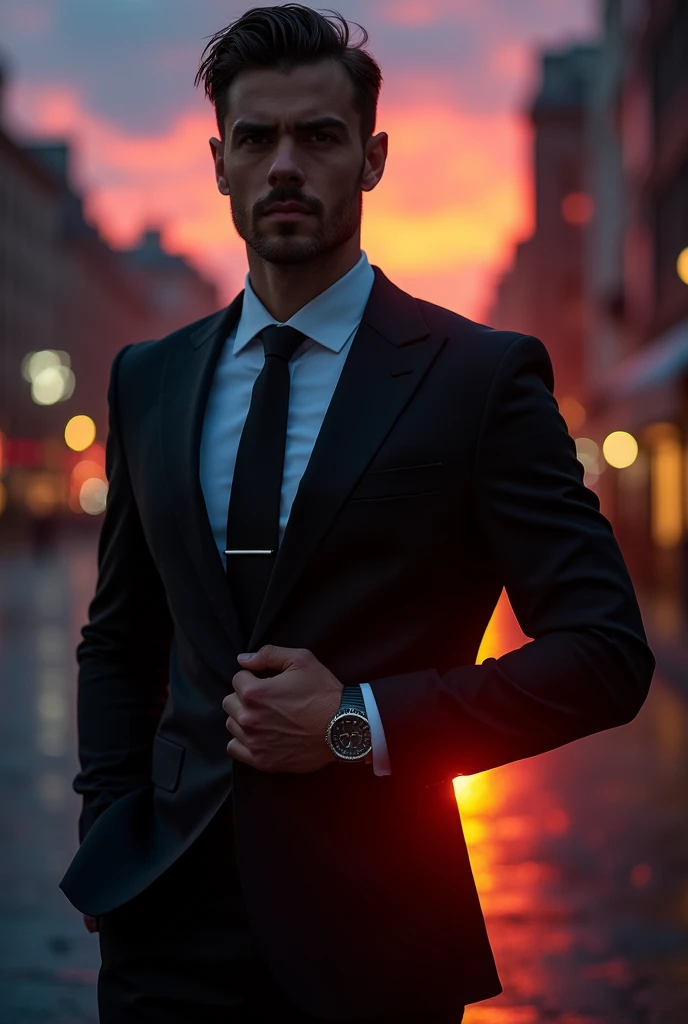 first. The second one will only show the silhouette. The third one is in a pose suggesting something.. You will be wearing a black suit and black tie.