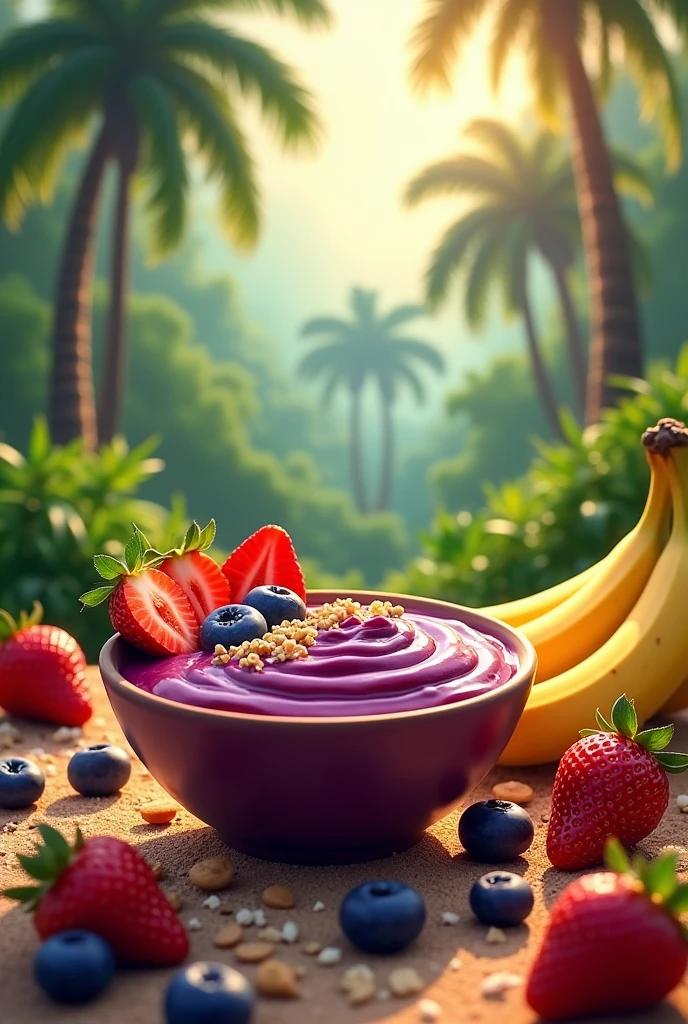 Create a vibrant digital illustration，Depicting a traditional Pará landscape，Focus on a bowl of acai berries。, A popular dish from the northern region of Brazil. Illustrations should be semi-realistic or 3D. Very creamy acai. Surround the environment with various fruits, banana, strawberry, flour, Granola. Capture the vibrant colors and textures of items
