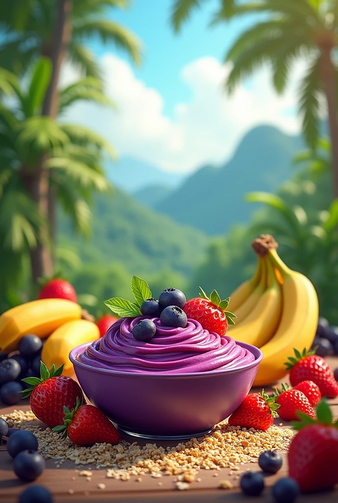 Create a vibrant digital illustration，Depicting a traditional Pará landscape，Focus on a bowl of acai berries。, A popular dish from the northern region of Brazil. Illustrations should be semi-realistic or 3D. Very creamy acai. Surround the environment with various fruits, banana, strawberry, flour, Granola. Capture the vibrant colors and textures of items