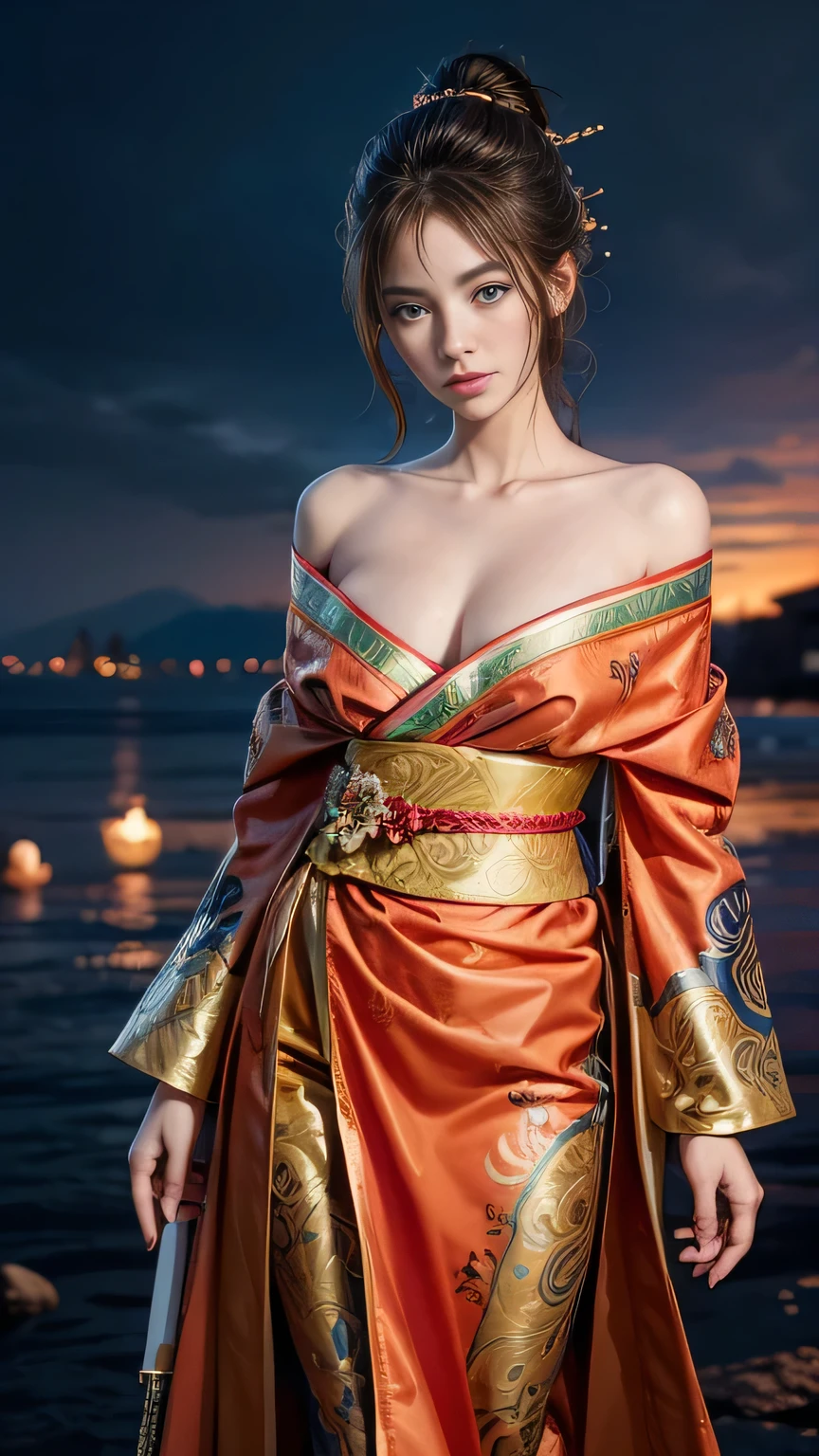 (RAW shooting, Photoreal:1.5, 8k, highest quality, masterpiece, ultra high resolution), Sengoku, perfect dynamic composition:1.2, Mysterious:1.3, Highly detailed skin and facial textures:1.3, Slim female samurai in a jodan stance with a samurai sword:1.1, beautiful and aesthetic:1.2, cute and sexy beauty, perfect style, wear elaborate rings, fire, water, Wind, thunder, ice, Fair skin, very beautiful face, (Medium chest, Chest gap), (embarrassing smile, The expression on your face when you feel intense caress, Facial expression when feeling pleasure), (セクシーなSengokuを着よう:1.1, off shoulder), (beautiful blue eyes, Eyes that feel beautiful eros:0.8), (Too erotic:0.9, Bewitching:0.9), full body shot, Japanese castle in the background