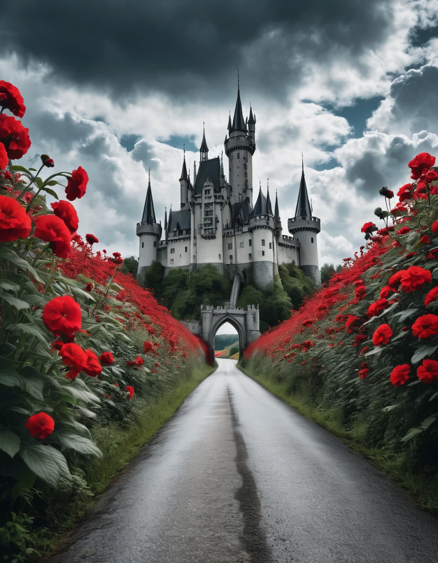 A gothic castle from afar and a road to the castle and in the both side of the road there are red flowers. There are a lot of clouds and it seems like this place is haunted.