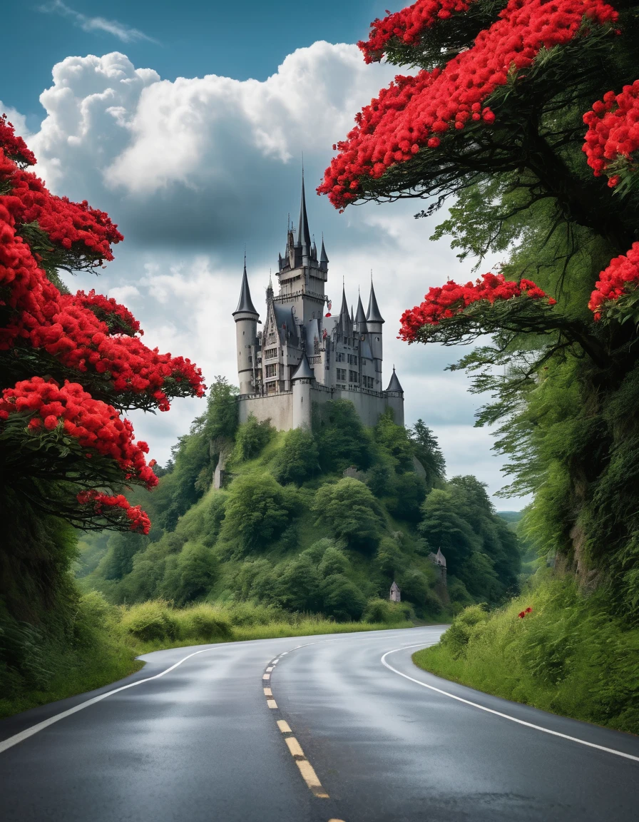 A gothic castle from afar and a road to the castle and in the both side of the road there are red flowers. There are a lot of clouds and it seems like this place is haunted.