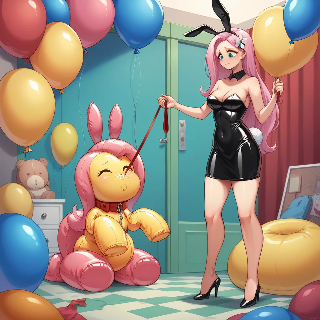 BDSM, colorful balloons, balloon fetish, inflatables, looner, femdom mistress dominatrix mlpfluttershy in black latex dress and high heels walking the slave on a leash, slave in inflatable latex suit with inflatable collar trapped inside huge inflatable balloon, feet worship, medium naked thighs, medium breasts, hair ornament, fake bunny ears, perfect feet, balloons everywhere, huge inflatable toys around, inside inflatable room, inflatable balloon bondage, pear type of body shape