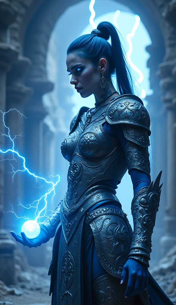 Aletta Ocean, angry evil beautiful and muscular, Nordic female, towering storm Giantess with blue black hair in a ponytail, older and mature woman, throwing a lightning ball, celtic glowing tattoos, wearing silver nordic steel runic plate mail Armour , temple cave background with lightning storm, glowing blue eyes, square jaw, powerful and imposing, winter clothing, pale blue purple skin, ((full plate silver celtic dragon armour)), nordic tattoos with bodybuilder physique