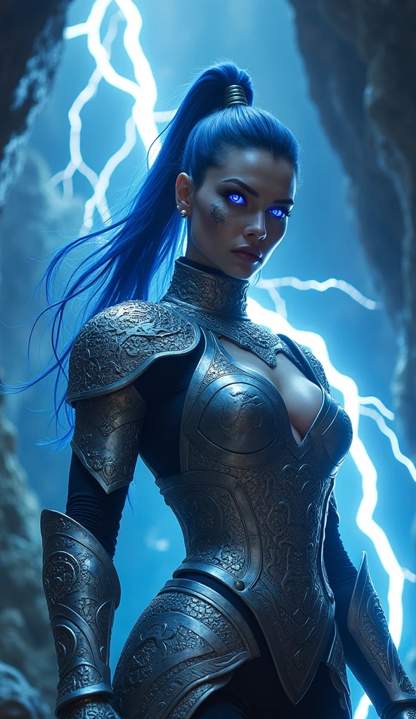 Aletta Ocean, angry evil beautiful and muscular, Nordic female, towering storm Giantess with blue black hair in a ponytail, older and mature woman, throwing a lightning ball, celtic glowing tattoos, wearing silver nordic steel runic plate mail Armour , temple cave background with lightning storm, glowing blue eyes, square jaw, powerful and imposing, winter clothing, pale blue purple skin, ((full plate silver celtic dragon armour)), nordic tattoos with bodybuilder physique
