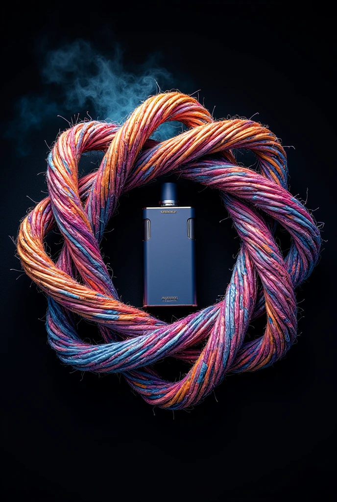 Draw a Hexagonal Chinese knot made of crossed lines of metal wires circular with ≥ 4 with a rectangular vaporizer vaper/square with matte colors (with rounded edges) inside intertwined to the knto, The drawing must be with psychedelic colors with a black background, The rope colors must be psychedelic.
The scale must be square not rectangular The vaper must be between linked to the knto 
