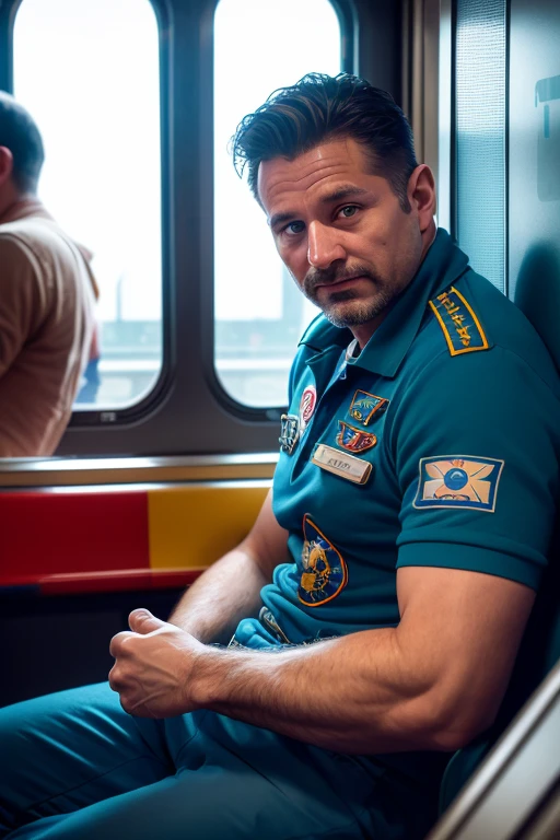 Editorial Photography of a strong male cosmonaut ((40 year old)) sitting in front of a train window to space, looking at camera, back to viewer, realistic skin, Photojournalism, retrofuturism, Kodak Ektar, Depth of Field, F/1.8, 4k, volumetric, vignette