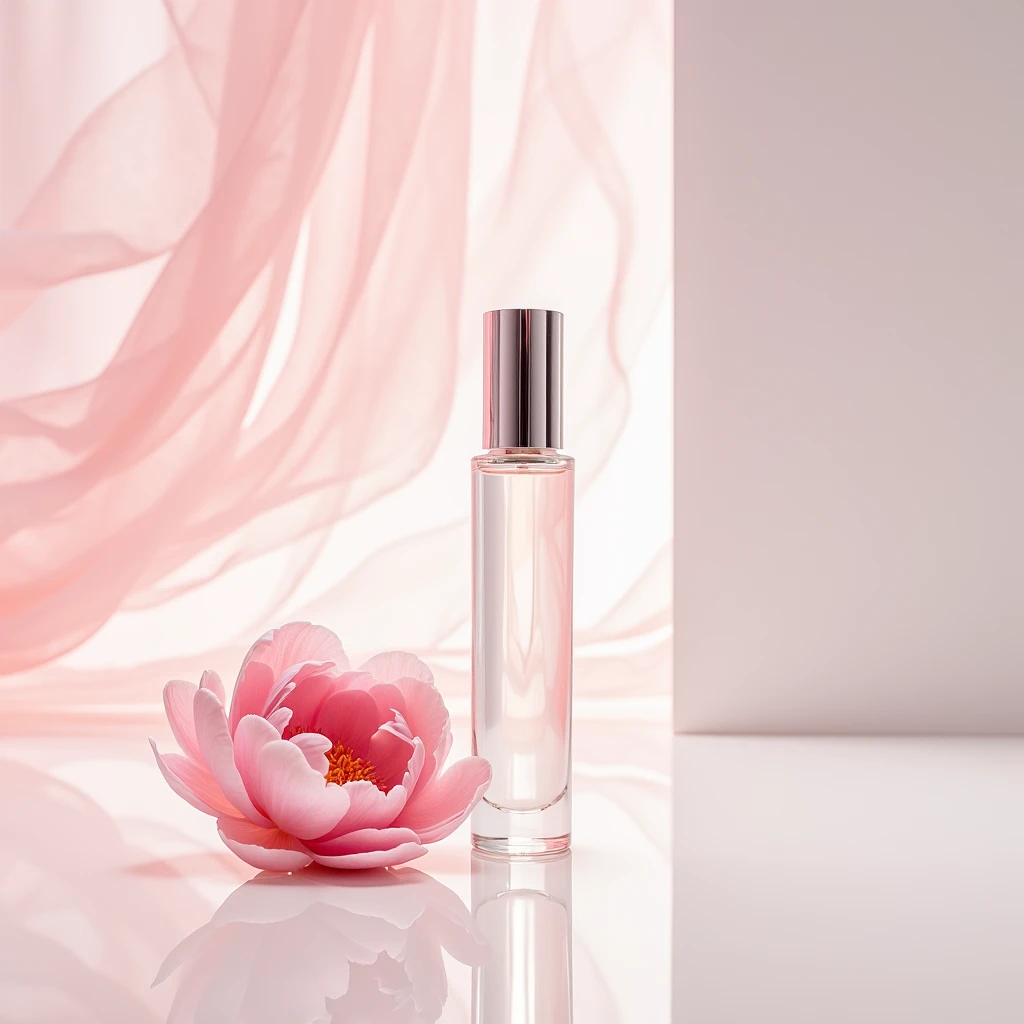 In this bottom view shot , the whitening essence bottle sits on a gleaming white surface , surrounded by wisps of pink chiffon . A peony flower next to the product. The bottle is slender and sophisticated , with a clear glass body and a gleaming silver cap . The chiffon adds a delicate , feminine touch to the image , while the clean lines and minimalist styling emphasize the elegance of the product  . Shot by Ellen von Unwerth , using a Sony Alpha a7R IV and a Sony FE 50mm f /1.8 lens iw 2 --s 50
