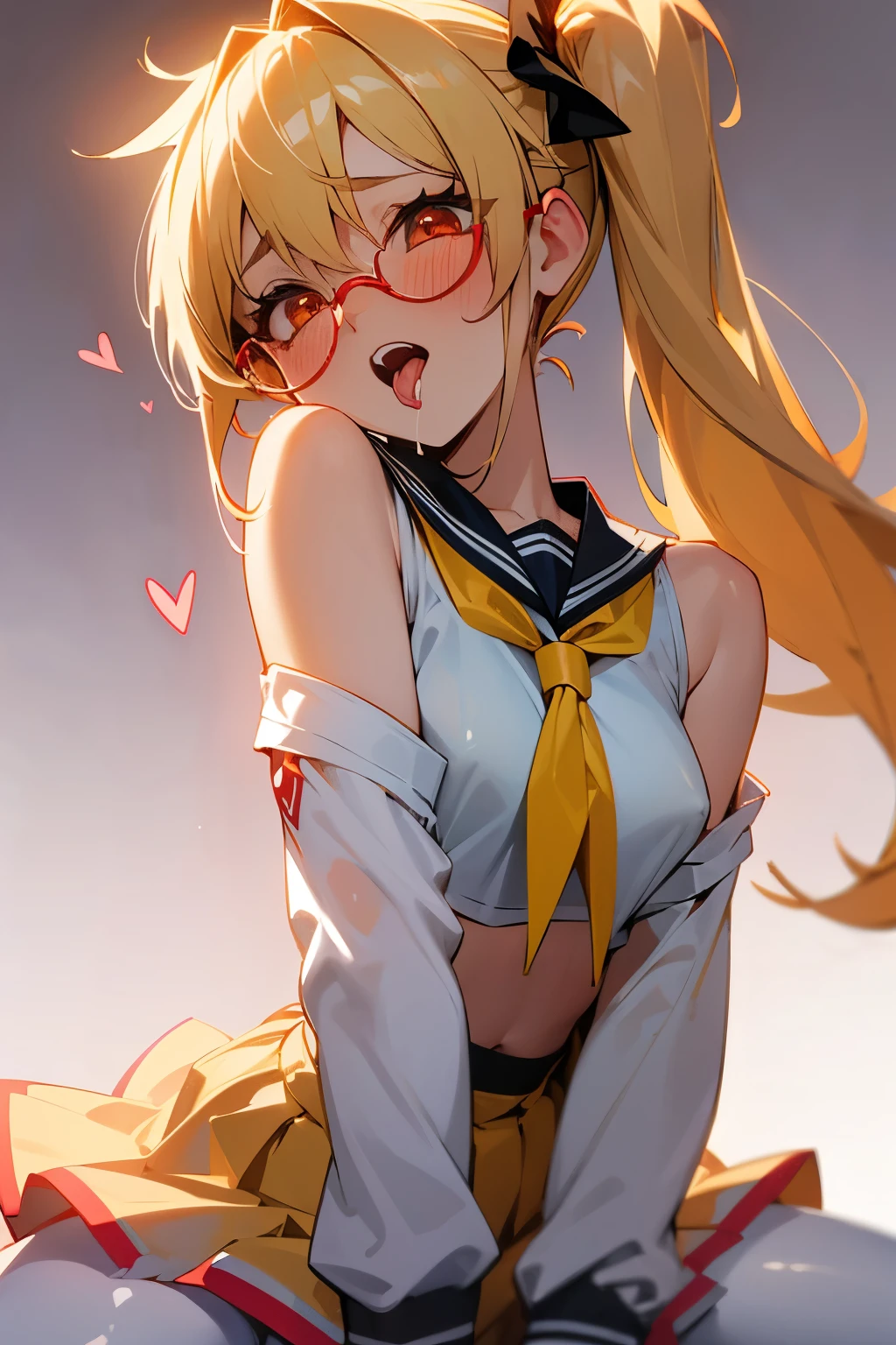 1girl, 1boy, white serafuku, jacket, skirt, pantyhose, upper body only, blonde hair, yellow highlights,red eyes, glasses, glowing eyes, single bare shoulder, single side ponytail, teasing, sexy, cute, blushing, messy hair, long hair, heart shaped pupils, cowgirl position, girl on top, small penis, small boobs, pov from below, sex, female orgasm, ahegao, tounge out, cowgirl position, cum, sex, sex, cum
