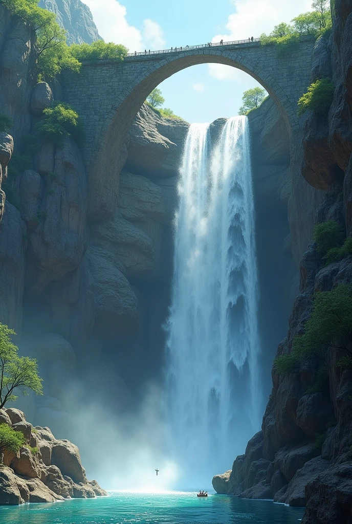 Cliff overlooking the waterfall, There are several arched stones on the top, Matte painting 8k, Matte paint 8K, Vertical wallpaper 8K, Vertical wallpaper 8K, Vertical wallpaper 4K, Vertical wallpaper 4K, Lost Series, realistic fantasy rendering, 8K resolution in numbers, 8K resolution in numbers, jessica rossier fantasy art, 4K Rendering Matte Paint, 3D Rendering Matte Paint