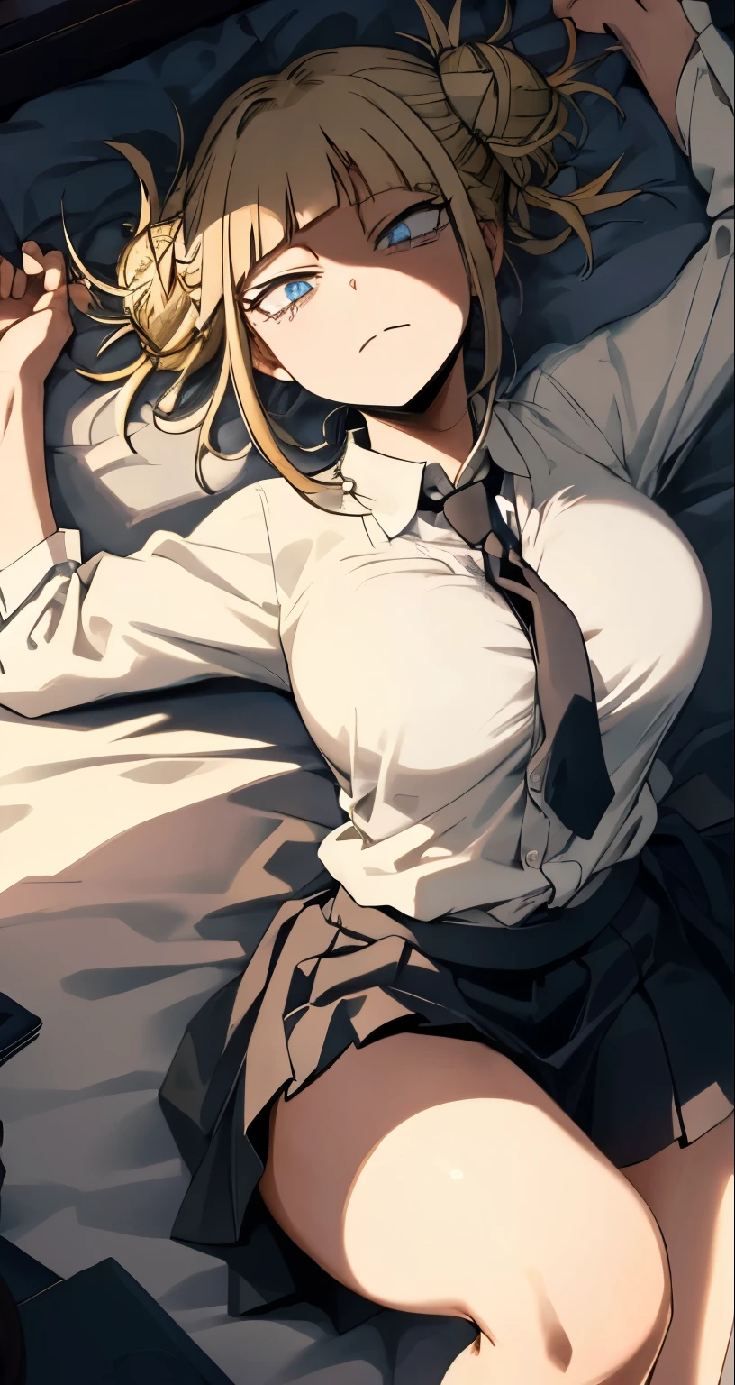 { masterpiece : best quality : high resolution : unity 8k wallpaper : illustration : beautiful detailed eyes : extremely detailed face : perfect lighting : extremely detailed CG : perfect hands : perfect anatomy } { in a creepy dark bedroom : messy : dark environment } { Himiko Toga : perfectly medium shape breast : blonde hair with messy twin buns : perfectly fit body : white collar shirt with black necktie : black skirt : expressionless : blank Expression : blank dead eyes : motionless } { lying down : on the bed }