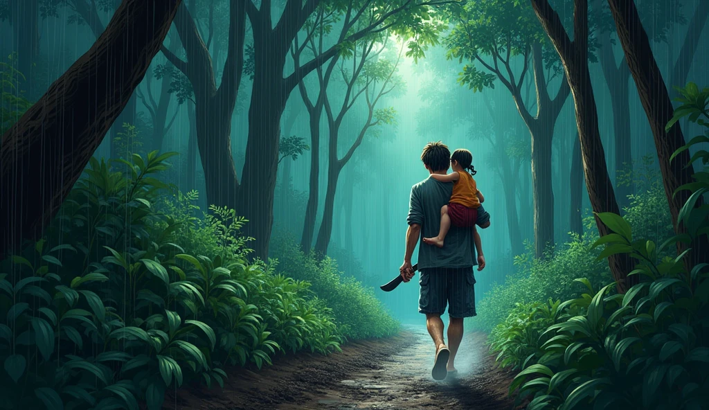 cartoon, a Vietnamese rural bushy narrow junger, thickset, densely wooded with the thunder, so dark, heavy raining, the man, sad father carrying daughter on his back, a knife in his hand, run very farst , in the style of colorful prisma, erased and obscured, iconic album covers, photography, 50mm