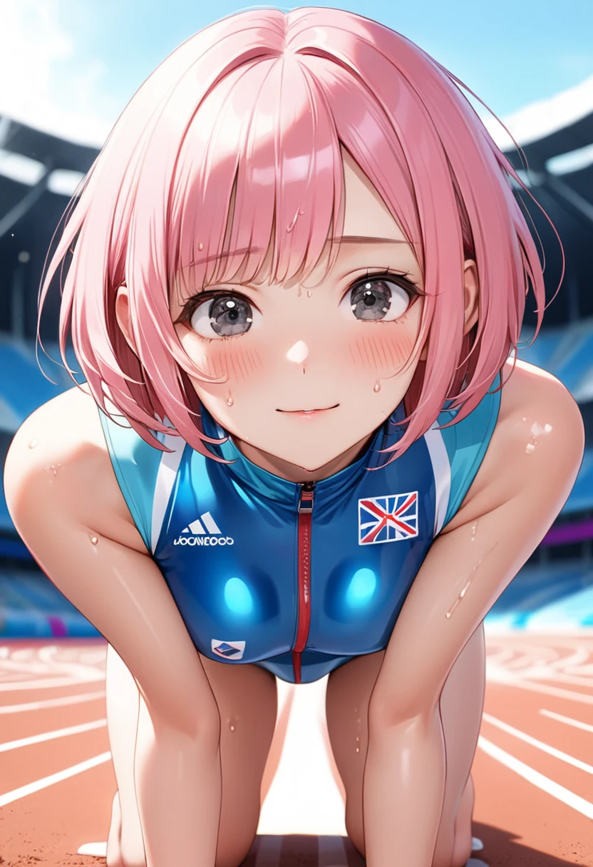 Female Olympian,(((athlete), (shiny costume))), (Umbilical cord), skindentation, skinny, Solitary, 1 female, masterpiece, best quality, best quality, 16K, Ridiculous, Very detailed, 2.5D, Artificial Intelligence Generation, Delicate and dynamic, Very delicate expression, Delicate eye depiction, , only Sexy woman, ((Cute and kind face)), Healthy body, ((25-year-old female)), Height 160cm, Medium firm swing bust, , (short hair), (Pink Hair:1.5), Bob Cut, Black eyes, blush, Sweat,Awkward,Sexy, ((Thin thighs)), (Camel toe:0.7), (nipple可见:0.5), (nipple,:0.7), bright, Look directly at the audience, (((estrus))), ((oily_skin)), ((Hook of Holland)), (( pose)), ((Get on all fours)),, Track and field stadiums and Olympic venues on a sunny day,