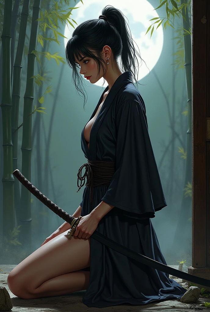 This artwork should be hyper-realistic, capturing every detail with stunning clarity, Imagine a female kunoichi in her prime, with a slender yet toned physique honed for stealth and agility. Hints of muscle definition can be subtly visible, suggesting her hidden strength, Clad in traditional shinobi attire with a twist. Think a dark, flowing uwagi (ninja jacket) strategically open to reveal glimpses of her form, or a hakama (divided skirt) with a higher split showcasing her athletic legs. The key is to maintain the essence of a kunoichi while adding a touch of captivating allure, Pay close attention to the pose - perhaps she kneels gracefully in a hidden alcove, one hand resting on a katana hilt, or stands poised for action with a determined glint in her eye, This kunoichi possesses an ethereal beauty, with flawless features and captivating eyes that radiate intelligence and a hint of hidden danger, Her expression should be one of captivating confidence, with a hint of a focused intensity or a sly smirk that suggests an untamed spirit, Capture the subtle differences in texture between her flawless skin and the smooth silk of her uwagi, highlighting the contrast between beauty and lethality, Let the pose and the way her clothing drapes hint at her figure without being overly revealing, Emphasize the traditional elements of the kunoichi attire, such as the dark colors, hidden weapons, and perhaps a half-mask peeking out from a pocket,Consider incorporating elements of her environment, like a moonlit bamboo forest or a crumbling temple interior, hinting at her mastery of stealth and deception,This artwork should exude an air of captivating beauty and deadly efficiency, The kunoichi is aware of her strength and allure, possessing a quiet confidence and an untamed spirit,