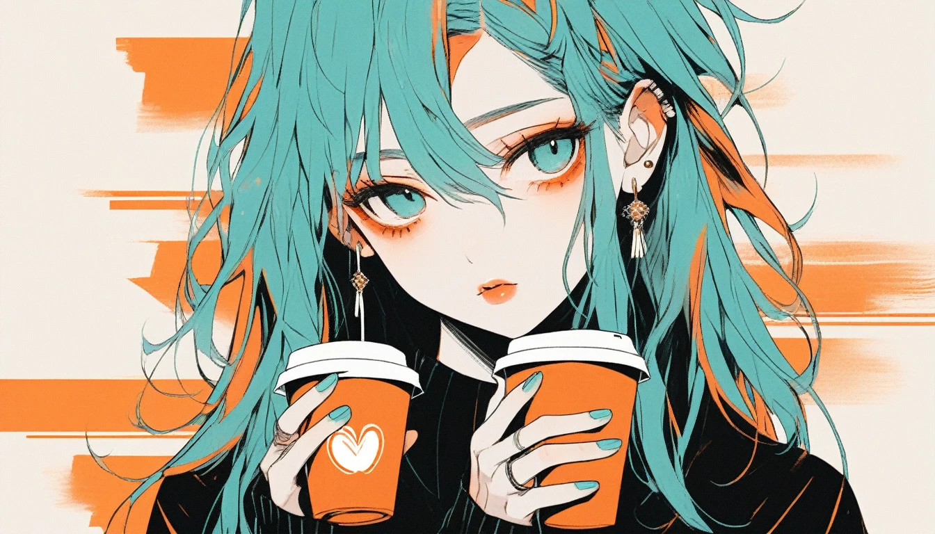 Illustrator, anime , Realistic ,sketch , 1 person, ,lip,Album artwork,order,Drink coffee,Texture Trim, (masterpiece,Highest quality) Indian background, Orange and turquoise hair,Texture Trim, (masterpiece,Highest quality) ,whole body