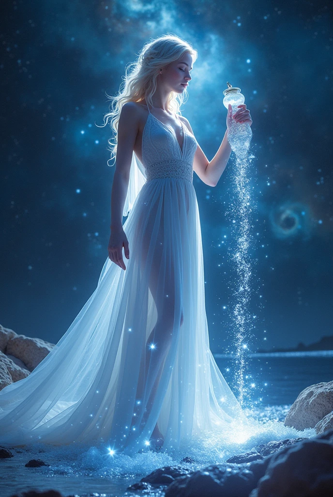 Aquarius, a female deity, emits a gentle radiance all over her body. Against the backdrop of the starry sky, a river of stars flows from the water bottle in her hand,4K