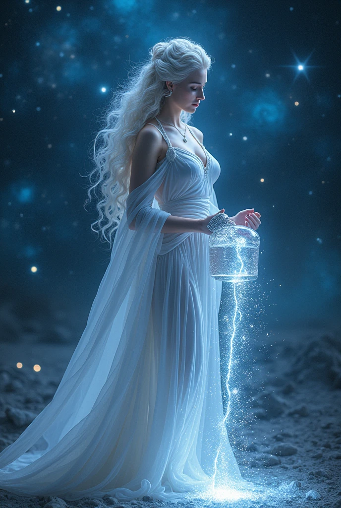 Aquarius, a female deity, emits a gentle radiance all over her body. Against the backdrop of the starry sky, a river of stars flows from the water bottle in her hand,4K