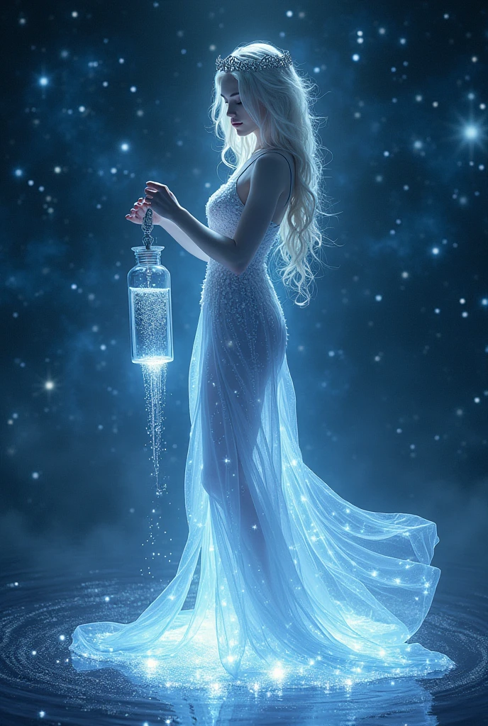 Aquarius, a female deity, emits a gentle radiance all over her body. Against the backdrop of the starry sky, a river of stars flows from the water bottle in her hand，4K