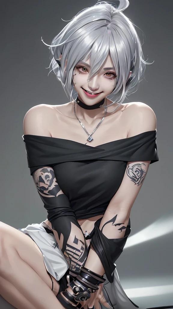 One person, chest, solo, Long Tongue, Crazy smile, It's crazy, Shortcuts, Ahoge, Silver Hair, 8k octane, Anime Style, off-the-shoulder black shirt、Tattoo on the neck、Tattoo on the arm、earphone, Glamorous figure、Smiling with teeth showing,