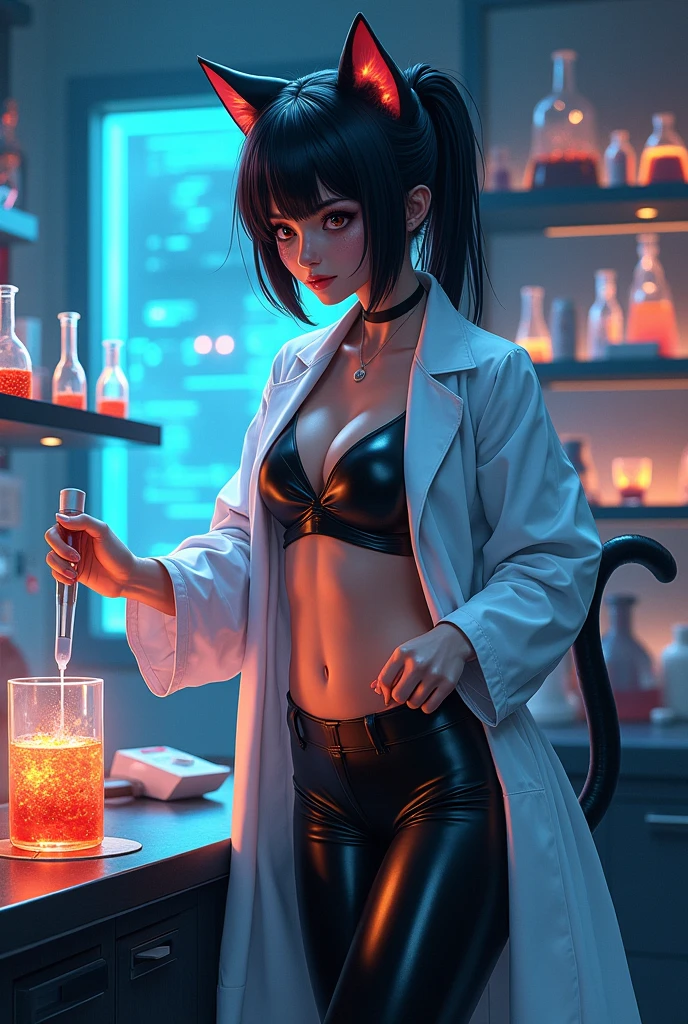 Anime scientist catgirl in latex leggings