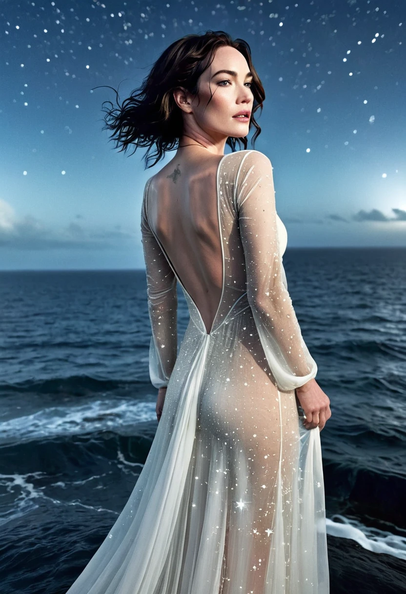 Lena Headey (age 25, airy sheer white elegant gown), camera low looking up at her butt and a starry sky, a few tiny space ships fly across the sky, lush ocean world
