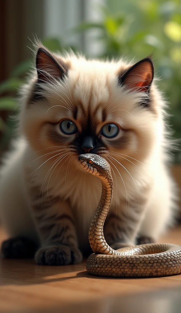 photorrealistic, 64k, cute big fat [persian cat] playing with baby cobra