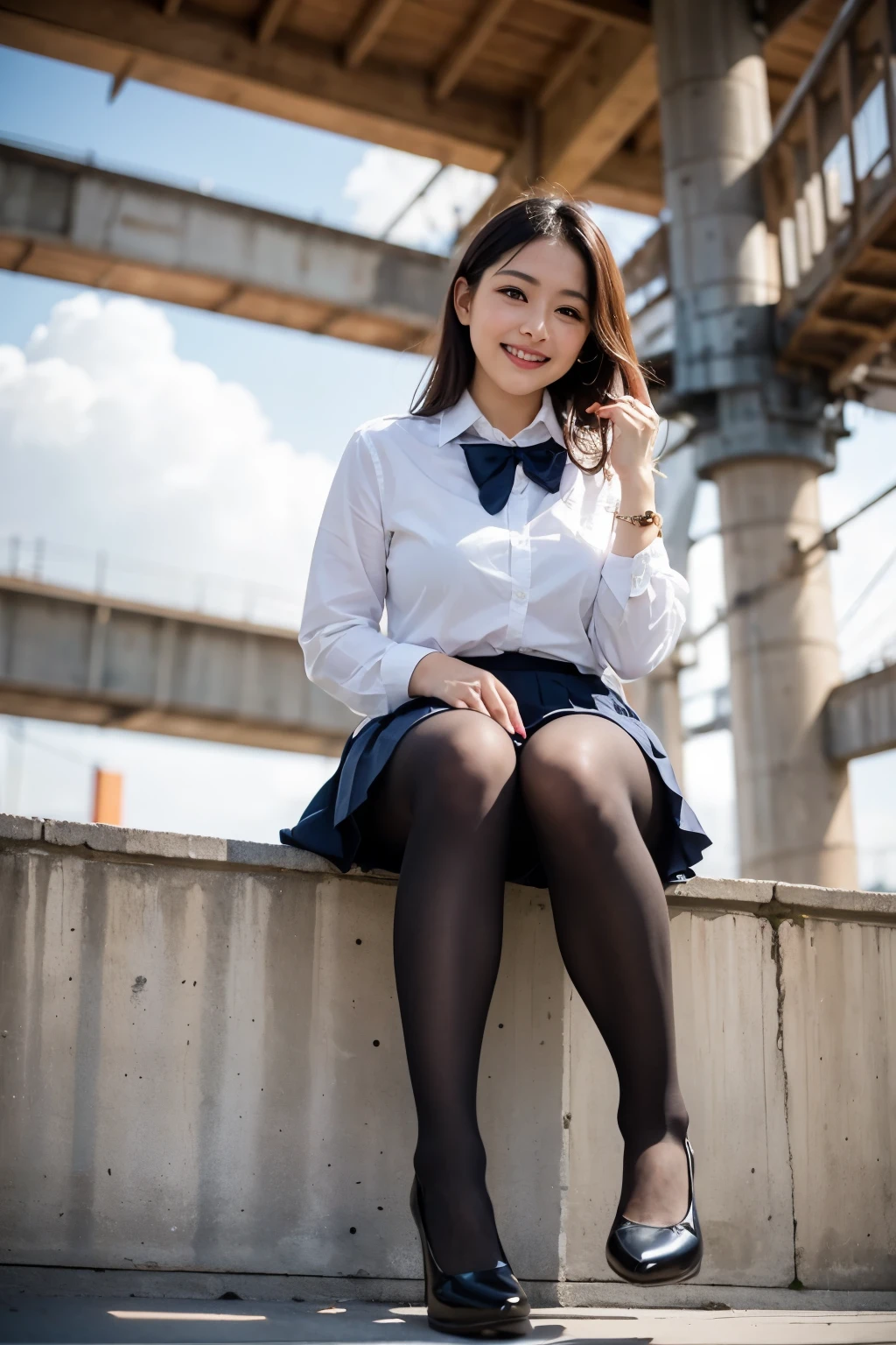 masterpiece, Bokeh, (Beautiful Face), (Detailed face), (Perfect hands), (Japanese Idols:1.6), (school uniform:1.3), (Ultra-realistic pantyhose:1.3), (Sit at the top of the tower:1.3),( Large bridge construction site:1.3), (Blushed:1.3), Working boots, (From below:1.5), Beautiful mature woman、