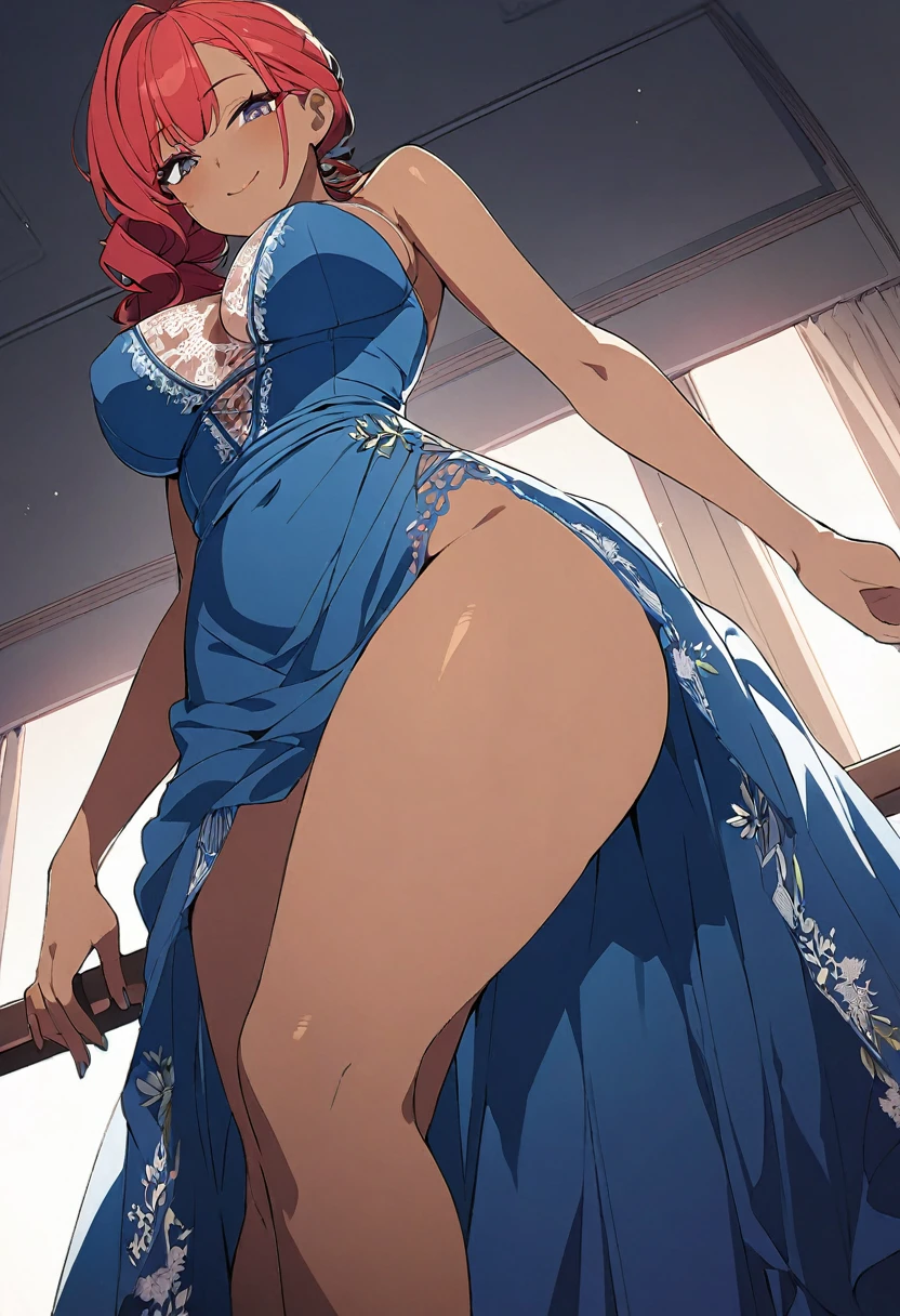 ((masterpiece)), ((best quality)), ((illustration)), ((anime coloring)), ((8k)), vulgarity, (large pointy breasts), narrow waist, big ass, ((detailed lacework sheer blue dress, long skirt)), stockings, cute, a anime 20s female, ((dark skin:1.4)), red hair, green tale, ponytail, smile, ((from below)), bedroom, night,