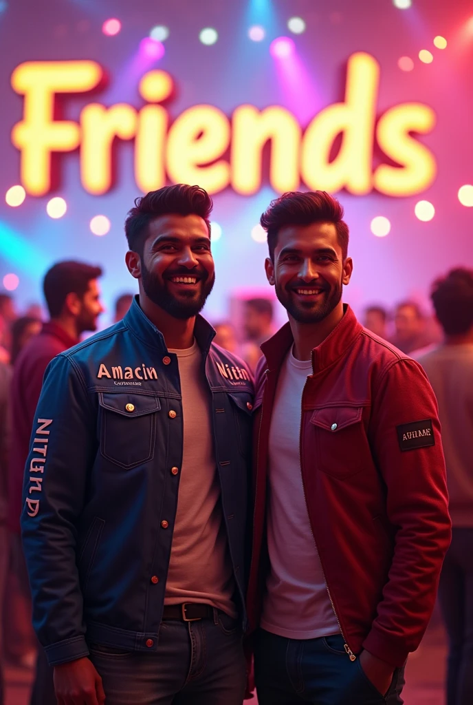 A lively party scene with two mans enjoying themselves, wearing jackets with their names on them—'Aman' on one and 'Nitin' on the other. In the background, the word 'Friends' is prominently displayed in bold, festive letters, capturing the spirit of friendship and celebration in this vibrant 3D setting