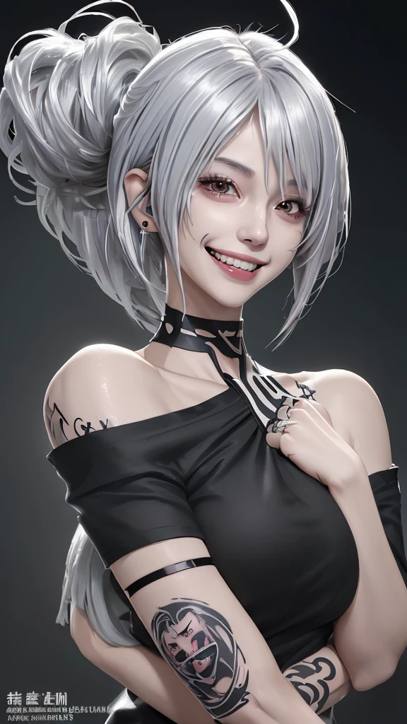 One person, chest, solo, Long Tongue, Crazy smile, It's crazy, Shortcuts, Ahoge, Silver Hair, 8k octane, Anime Style, off-the-shoulder black shirt、Tattoo on the neck、Tattoo on the arm、earphone, Glamorous figure、Smiling with teeth showing, 