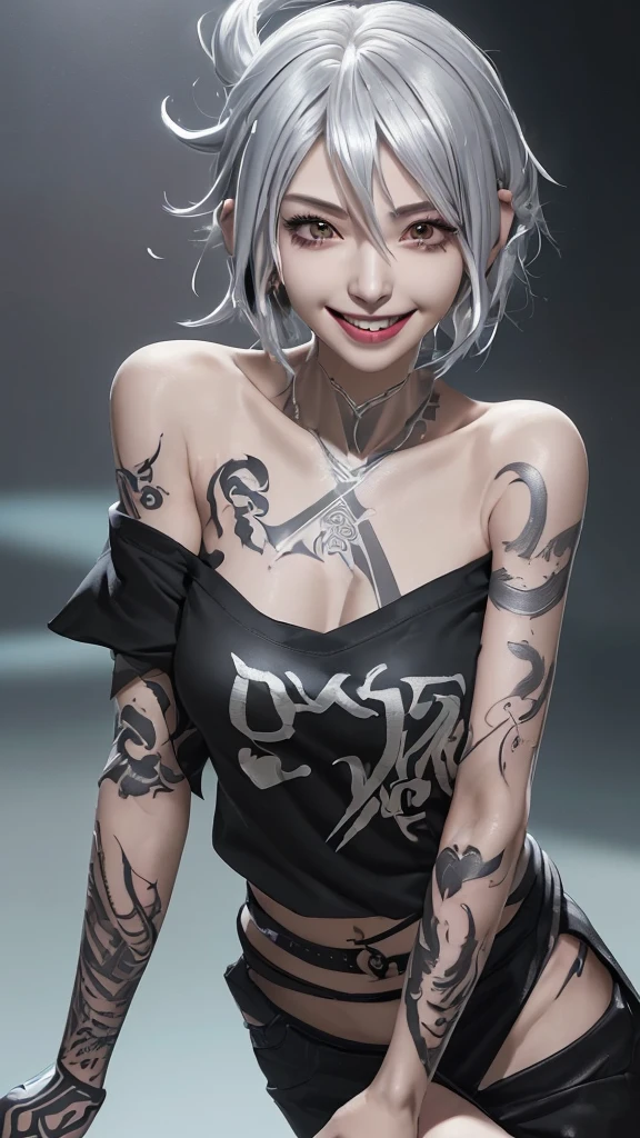 tmasterpiece, shorter pants, tmasterpiece, best qualtiy, High ISO, Dark persona, (looki at viewer: 1.1), Wide buttock, big assa, standing on your feet, curving, tojo koneko, Yellow eyes, White hair, short detailed hair, hair adornments, white shirt, Black ribbon around the neck, abdominals tattoo, desire tattoo,