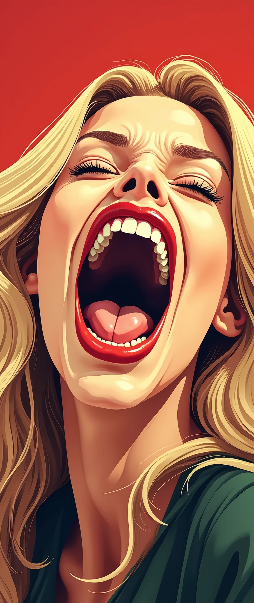 (masterpiece:1.2),(Highest quality),(Super detailed),(Ultra-high resolution),(Best illustrations),8k,wallpaper,Blonde beauty,Open your mouth wide and shout,Vector art,Flat Design,(Dynamic Angle),(Edvard Munch style)