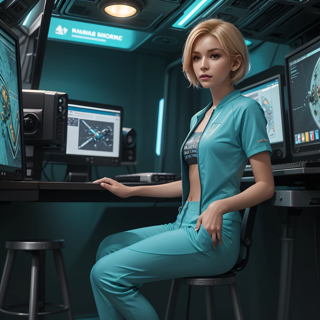 ((gorgeous realistic short hair blonde female 35 years age in a realistic futuristic space station)), ((playing Computer Games)), ((sitting on a stool with display and glowing control surfaces)), she is wearing a teal and grey track suit, (photorealistic), (in light grey and teal T Shirt and slacks), (Style-Glass), (()), hdr, antialiased, 8k, ((syd mead)), sharp details, ((masterpiece)), (painterly), (good anatomy), (good proportions), (good composition), (dramapaint), (style-sylvamagic)