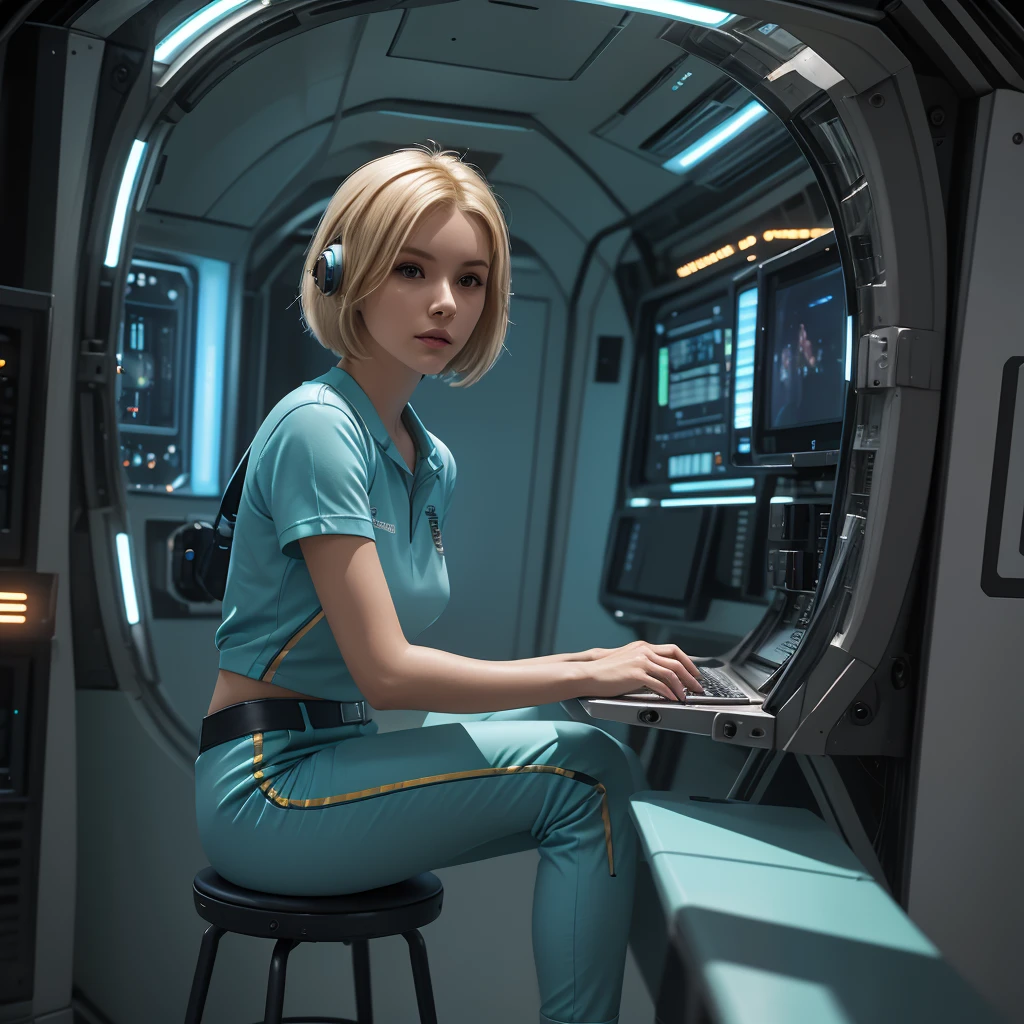 ((gorgeous realistic short hair blonde female 35 years age in a realistic futuristic space station)), ((playing Computer Games)), ((sitting on a stool with display and glowing control surfaces)), she is wearing a teal and grey track suit, (photorealistic), (in light grey and teal T Shirt and slacks), (Style-Glass), (()), hdr, antialiased, 8k, ((syd mead)), sharp details, ((masterpiece)), (painterly), (good anatomy), (good proportions), (good composition), (dramapaint), (style-sylvamagic)