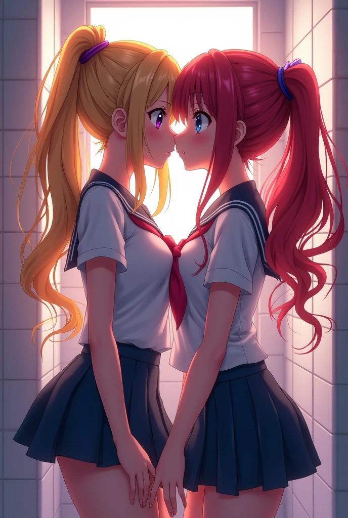 a beautiful school girl with blond hair in twin tails, purple eyes, wearing an open white shirt revealing a blue bra and blue panties, kissing another school girl with big breasts, red hair in a ponytail, dark blue eyes, wearing a dark red bra, (best quality,4k,8k,highres,masterpiece:1.2),ultra-detailed,(realistic,photorealistic,photo-realistic:1.37),extremely detailed eyes and face,longeyelashes,highres,extremely detailed,intricate details,beautiful detailed lips,beautiful detailed eyes,vibrant colors,dramatic lighting,fantasy art,anime style