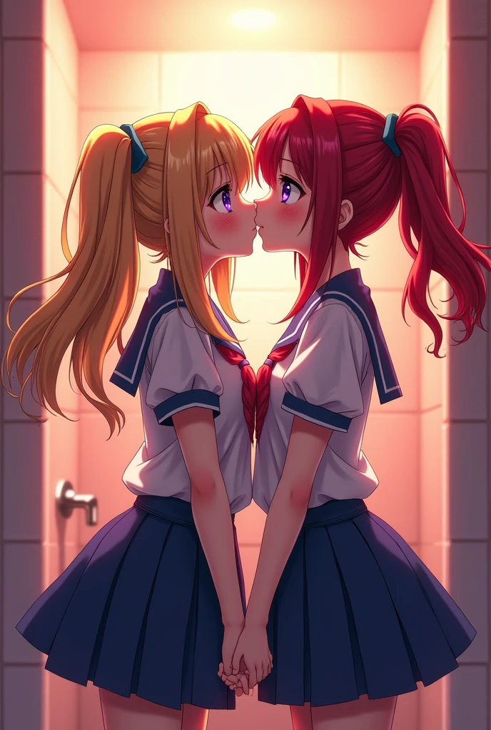 A beautiful detailed school girl with blonde hair in twin tails, purple eyes, wearing a mini skirt, kissing another school girl with big breasts, red hair in a ponytail, dark blue eyes, also wearing a mini skirt, in an anime style bathroom setting, (best quality,4k,8k,highres,masterpiece:1.2),ultra-detailed,(realistic,photorealistic,photo-realistic:1.37),highly detailed, intricate, exquisite, photo-realistic, cinematic lighting, stunning, vibrant colors, dramatic composition