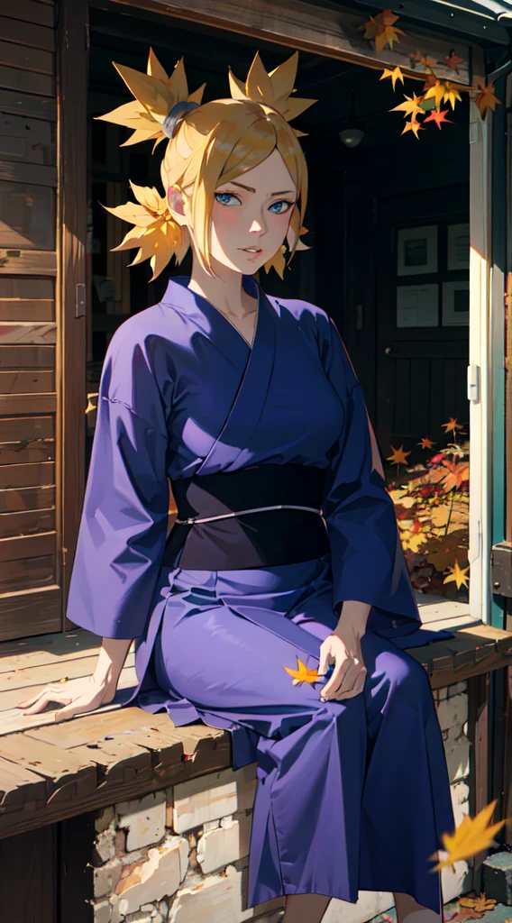 masterpiece, Absurd , (Intricate details), (colorful),Cinema Lighting,Bust Shot,Highly detailed CG Unity 8k wallpaper,Temari\(bolt\), One person, Mature Woman,Blue kimono,  Sitting, Outdoor, (Fallen leaves:1.3), autumn leaves, (autumn), sunlight, Maple, Lips parted,Wind,  View your viewers, Temari\(bolt\)