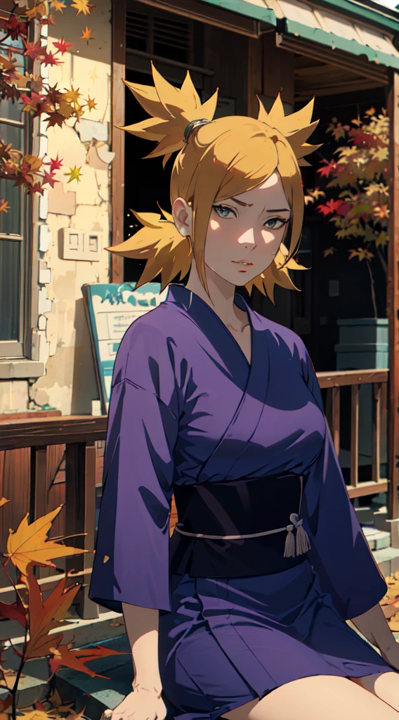 masterpiece, Absurd , (Intricate details), (colorful),Cinema Lighting,Bust Shot,Highly detailed CG Unity 8k wallpaper,Temari\(bolt\), One person, Mature Woman,Blue kimono,  Sitting, Outdoor, (Fallen leaves:1.3), autumn leaves, (autumn), sunlight, Maple, Lips parted,Wind,  View your viewers, Temari\(bolt\)